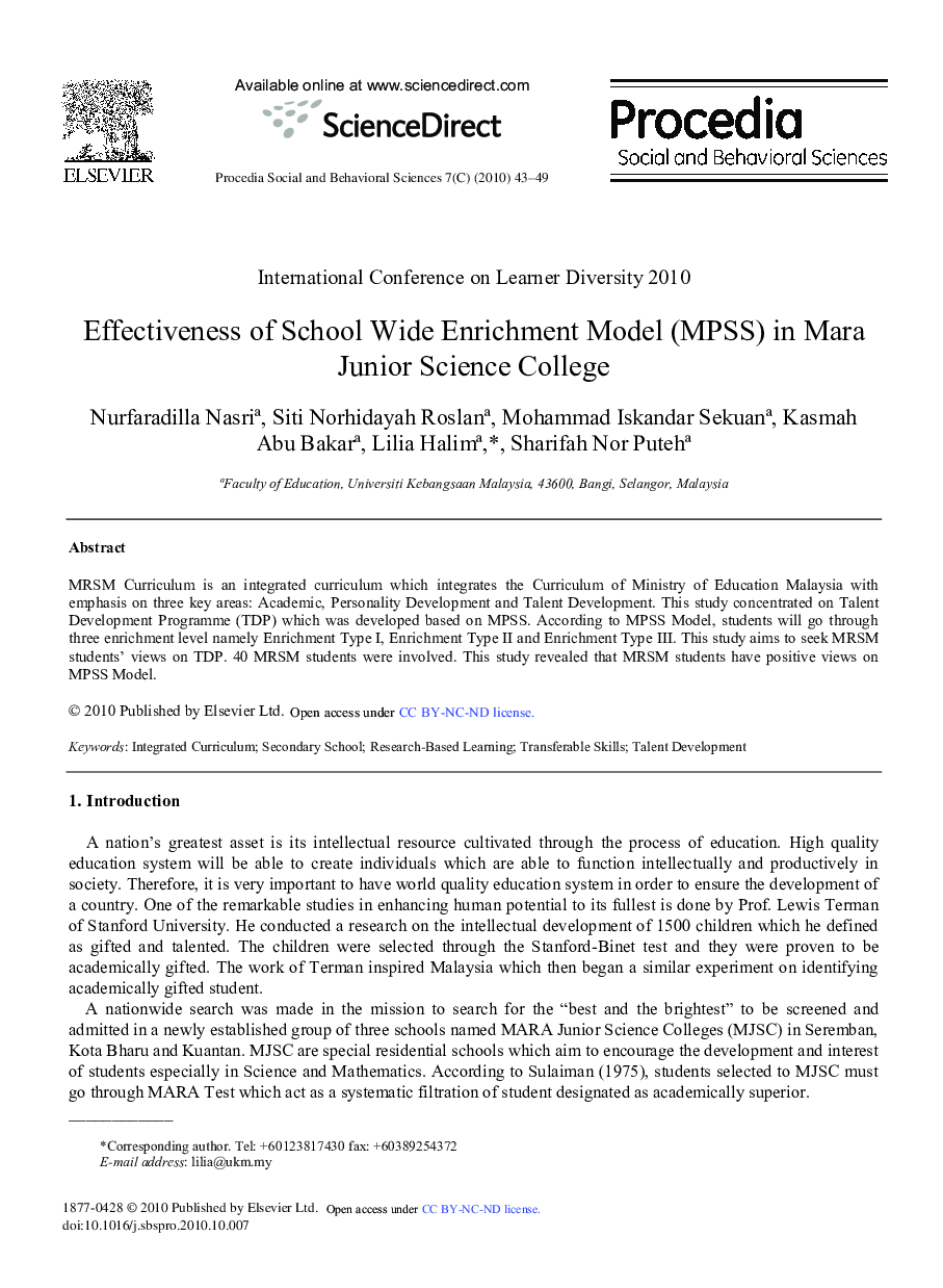 Effectiveness of School Wide Enrichment Model (MPSS) in Mara Junior Science College