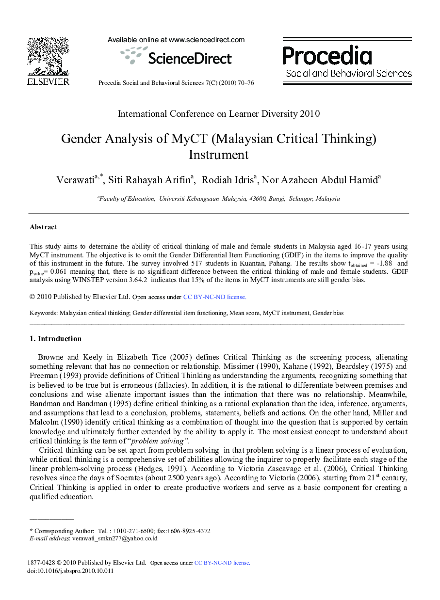 Gender Analysis of MyCT (Malaysian Critical Thinking) Instrument