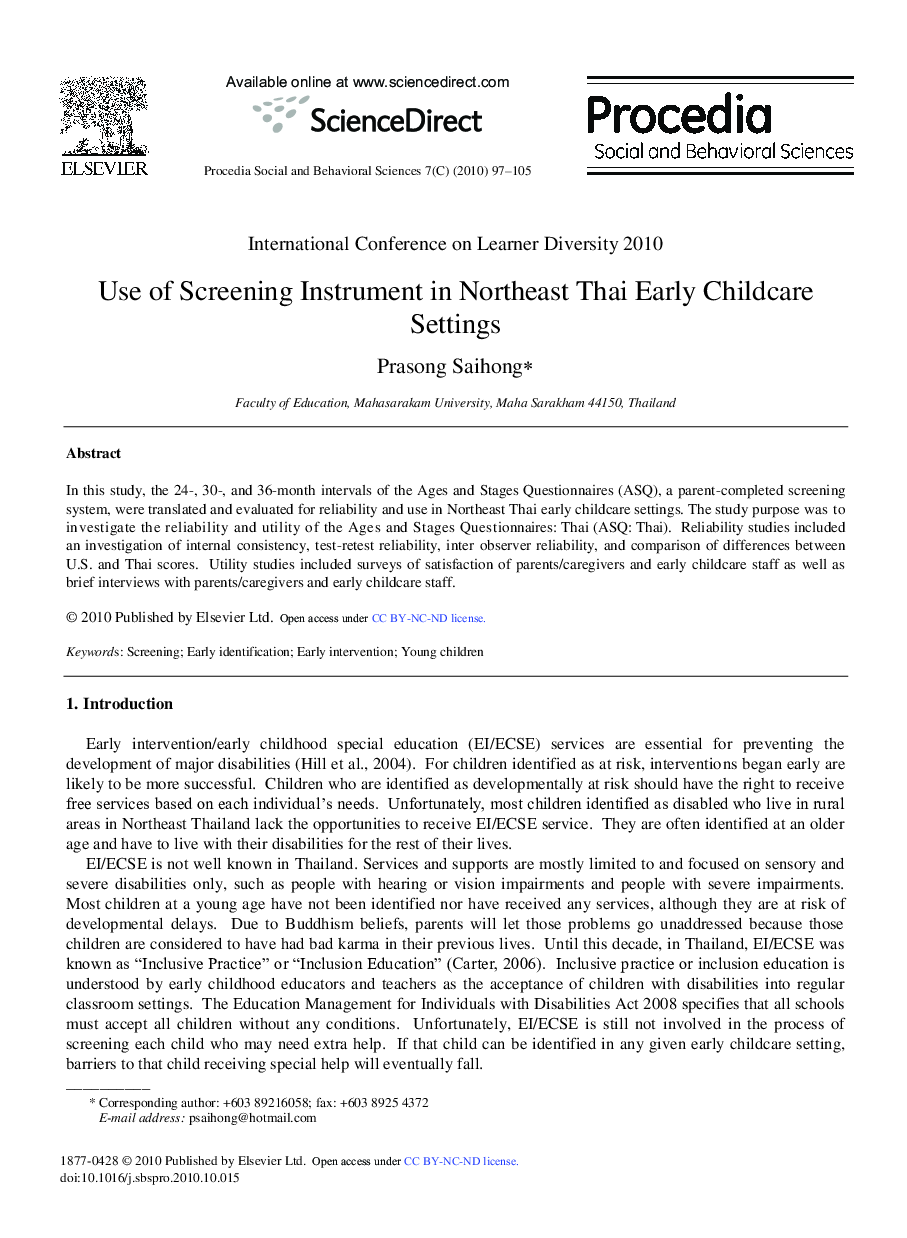 Use of Screening Instrument in Northeast Thai Early Childcare Settings