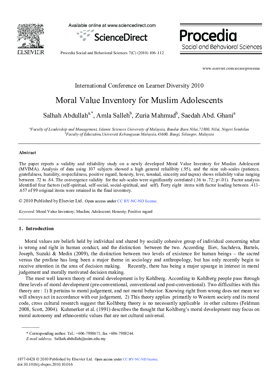 Moral Value Inventory for Muslim Adolescents