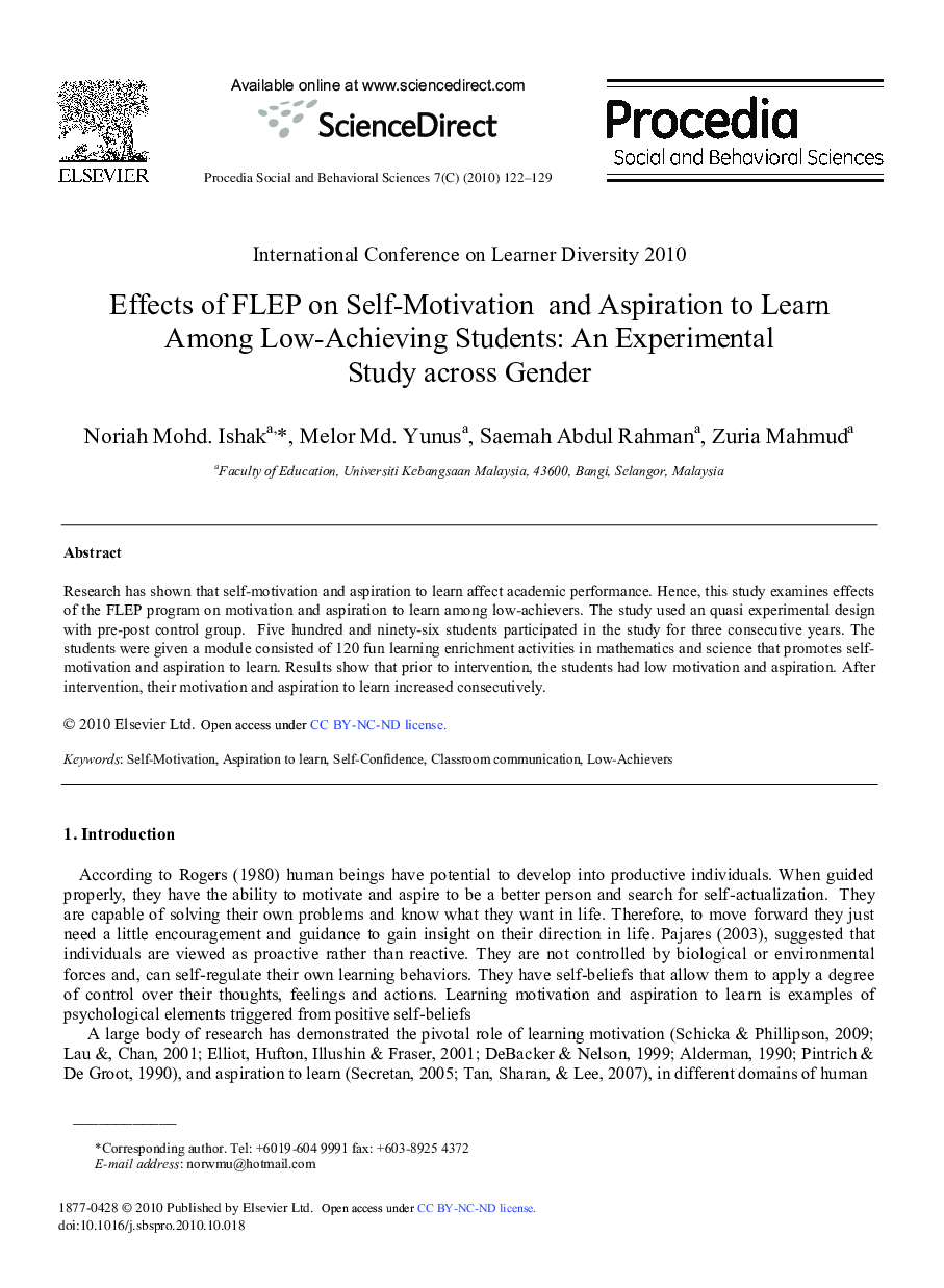 Effects of FLEP on Self-Motivation and Aspiration to Learn Among Low-Achieving Students: An Experimental Study across Gender