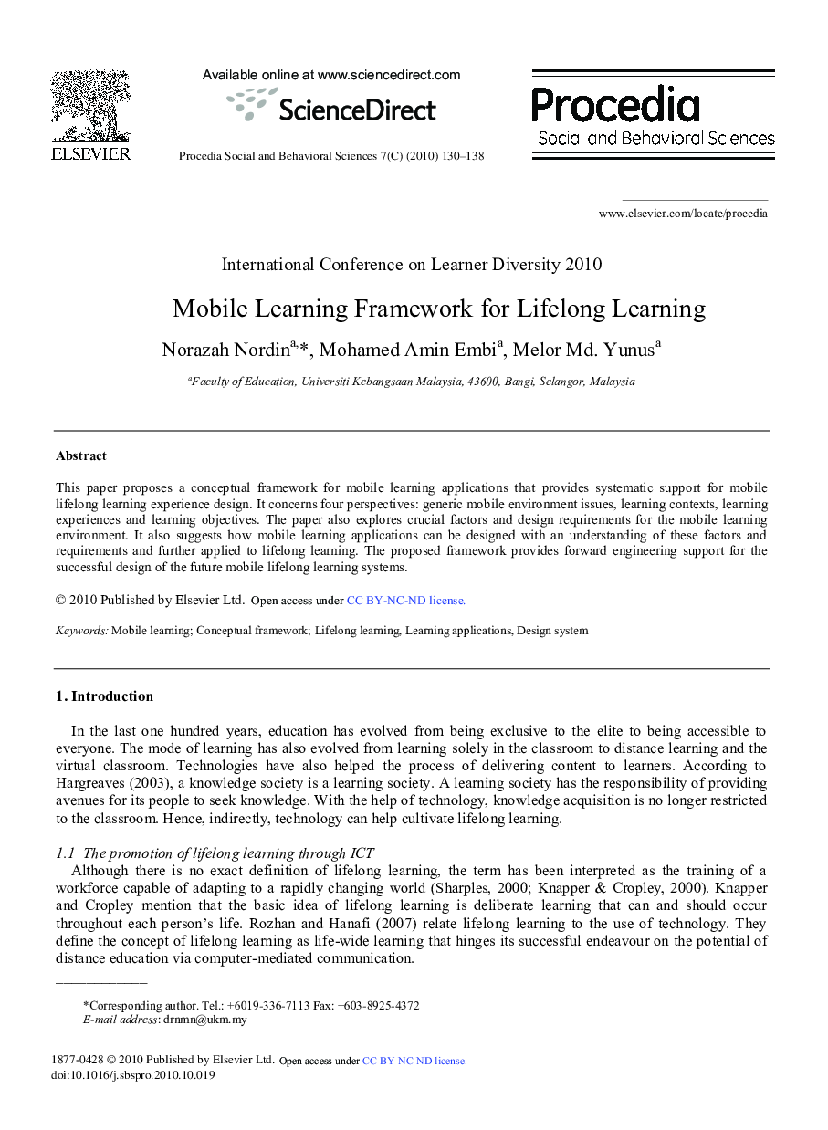 Mobile Learning Framework for Lifelong Learning