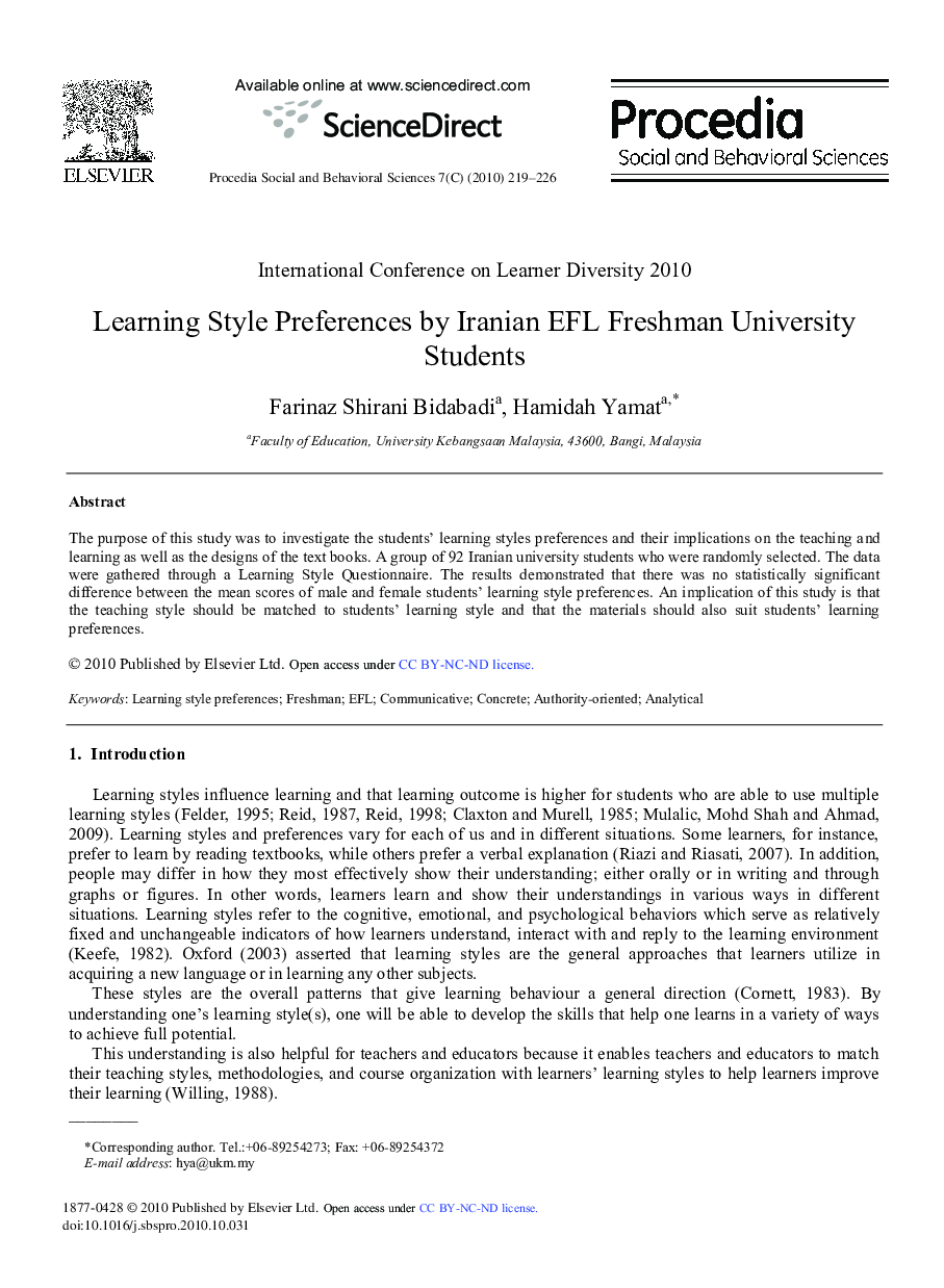 Learning Style Preferences by Iranian EFL Freshman University Students