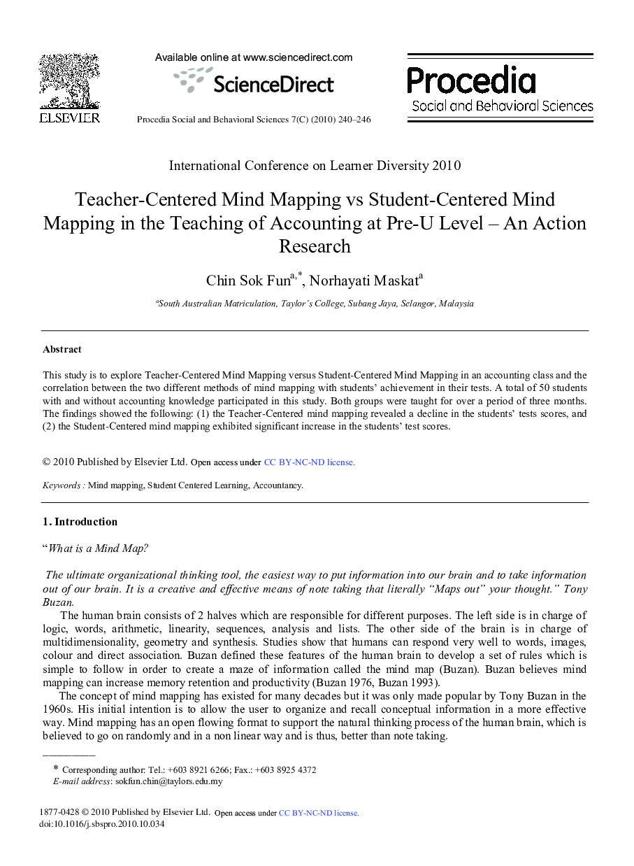 Teacher-Centered Mind Mapping vs Student-Centered Mind Mapping in the Teaching of Accounting at Pre-U Level – An Action Research