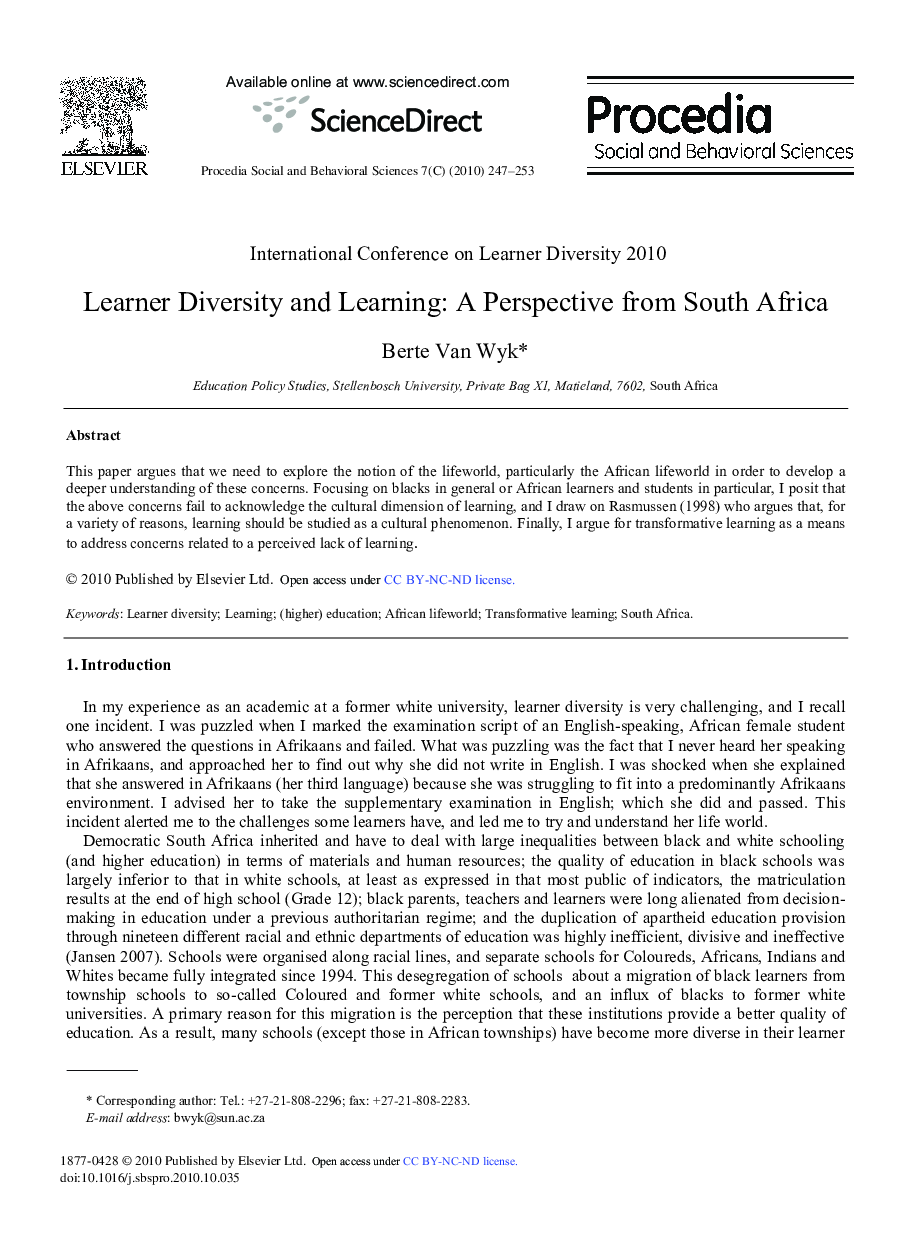 Learner Diversity and Learning: A Perspective from South Africa