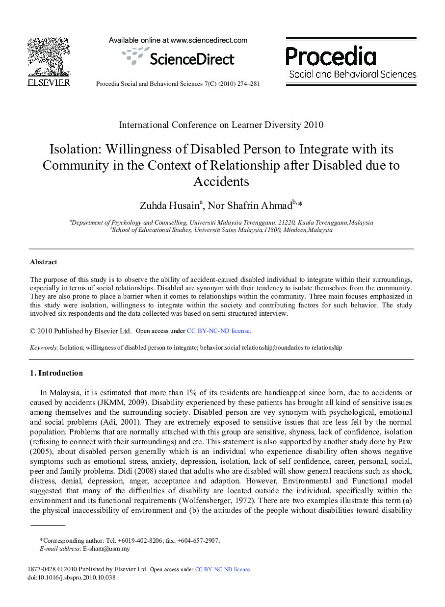 Isolation: Willingness of Disabled Person to Integrate with its Community in the Context of Relationship after Disabled due to Accidents