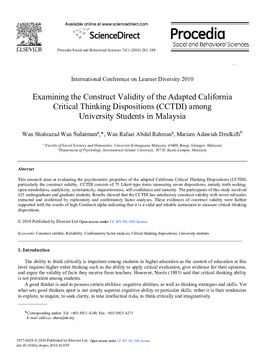 Examining the Construct Validity of the Adapted California Critical Thinking Dispositions (CCTDI) among University Students in Malaysia