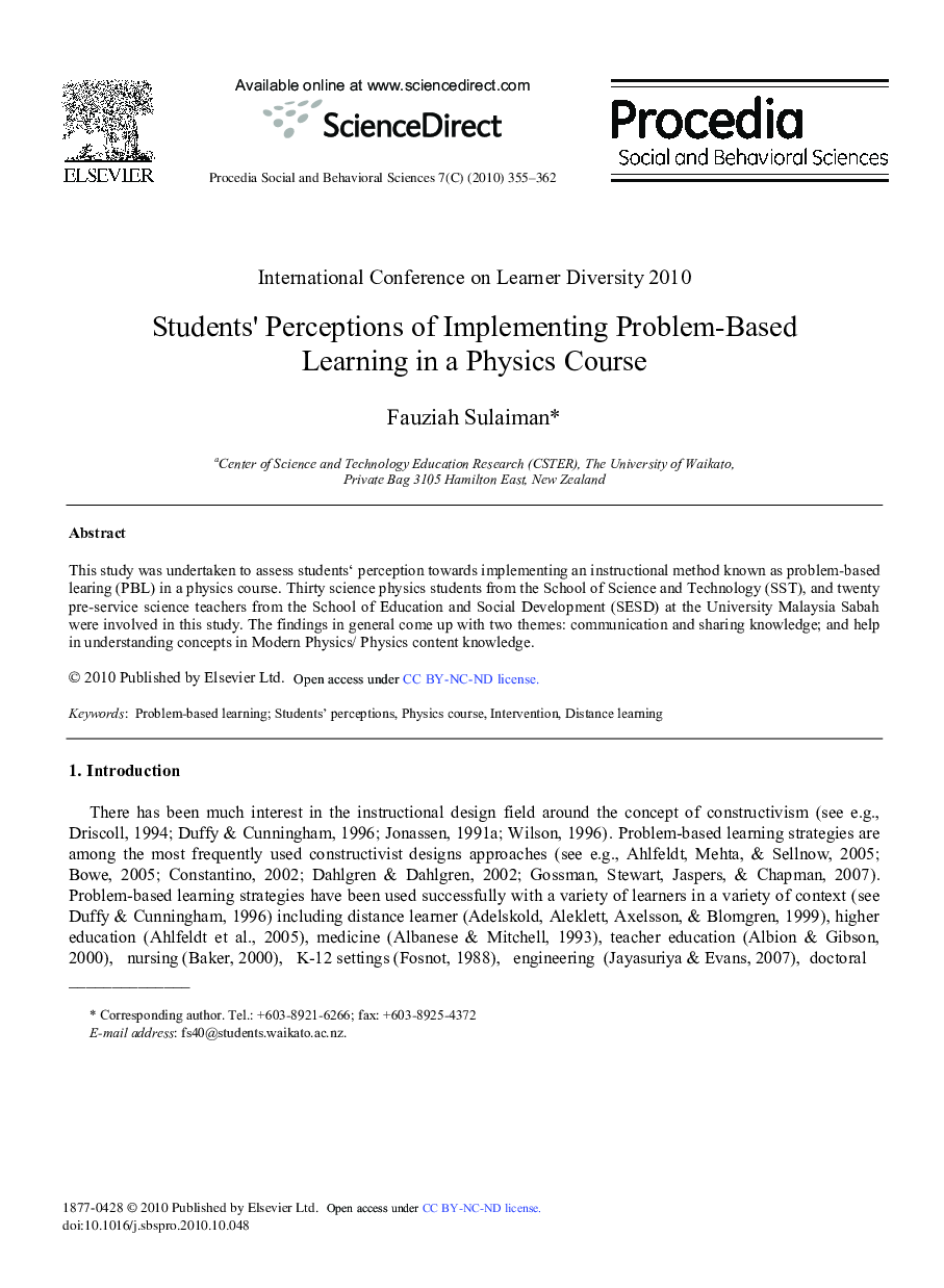 Students’ Perceptions of Implementing Problem-Based Learning in a Physics Course