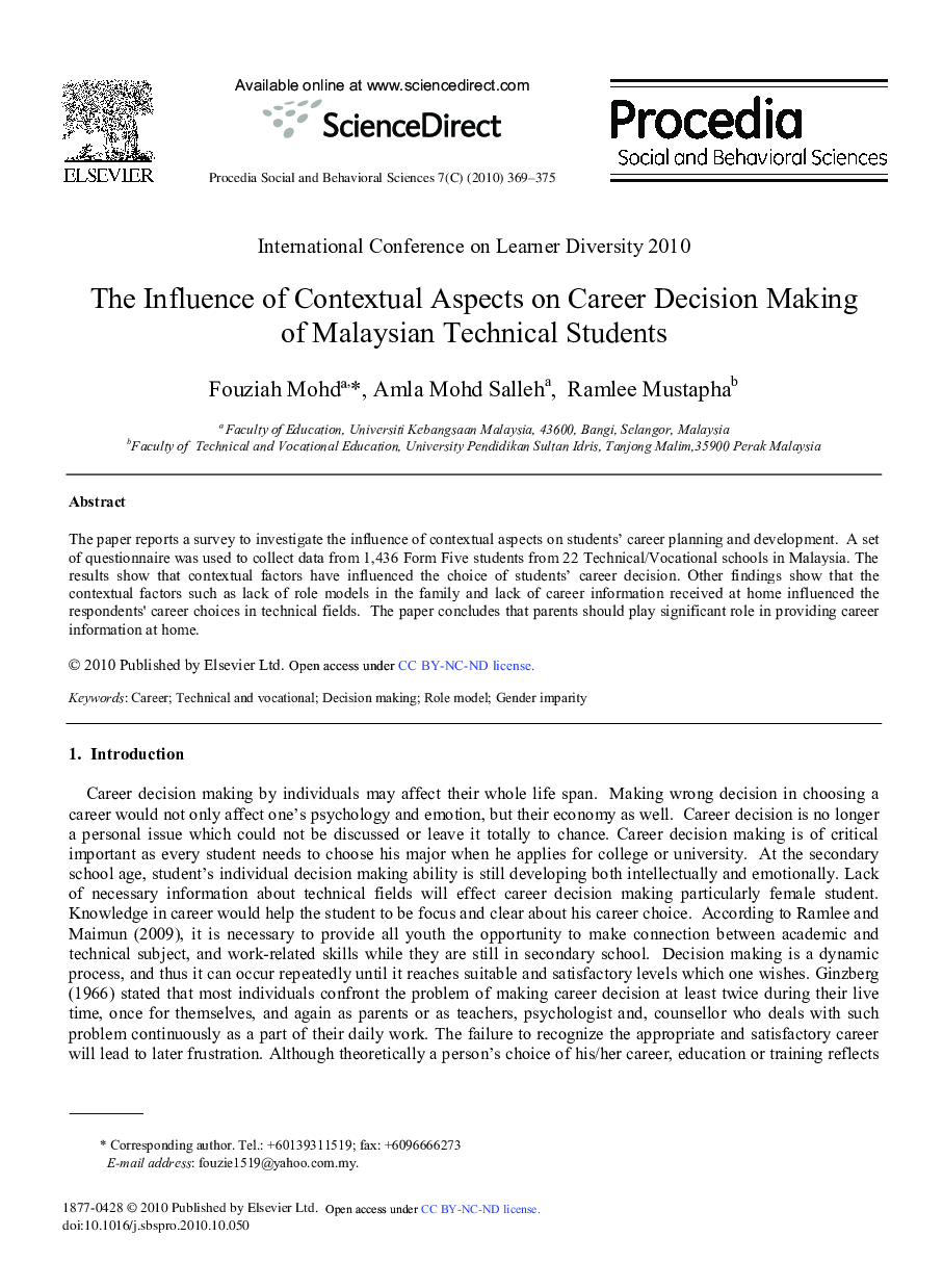 The Influence of Contextual Aspects on Career Decision Making of Malaysian Technical Students