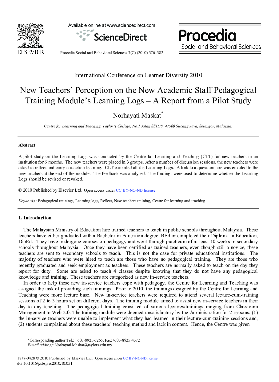 New Teachers’ Perception on the New Academic Staff Pedagogical Training Module's Learning Logs – A Report from a Pilot Study