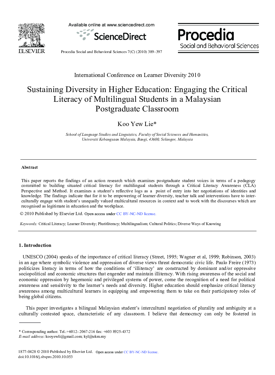 Sustaining Diversity in Higher Education: Engaging the Critical Literacy of Multilingual Students in a Malaysian Postgraduate Classroom