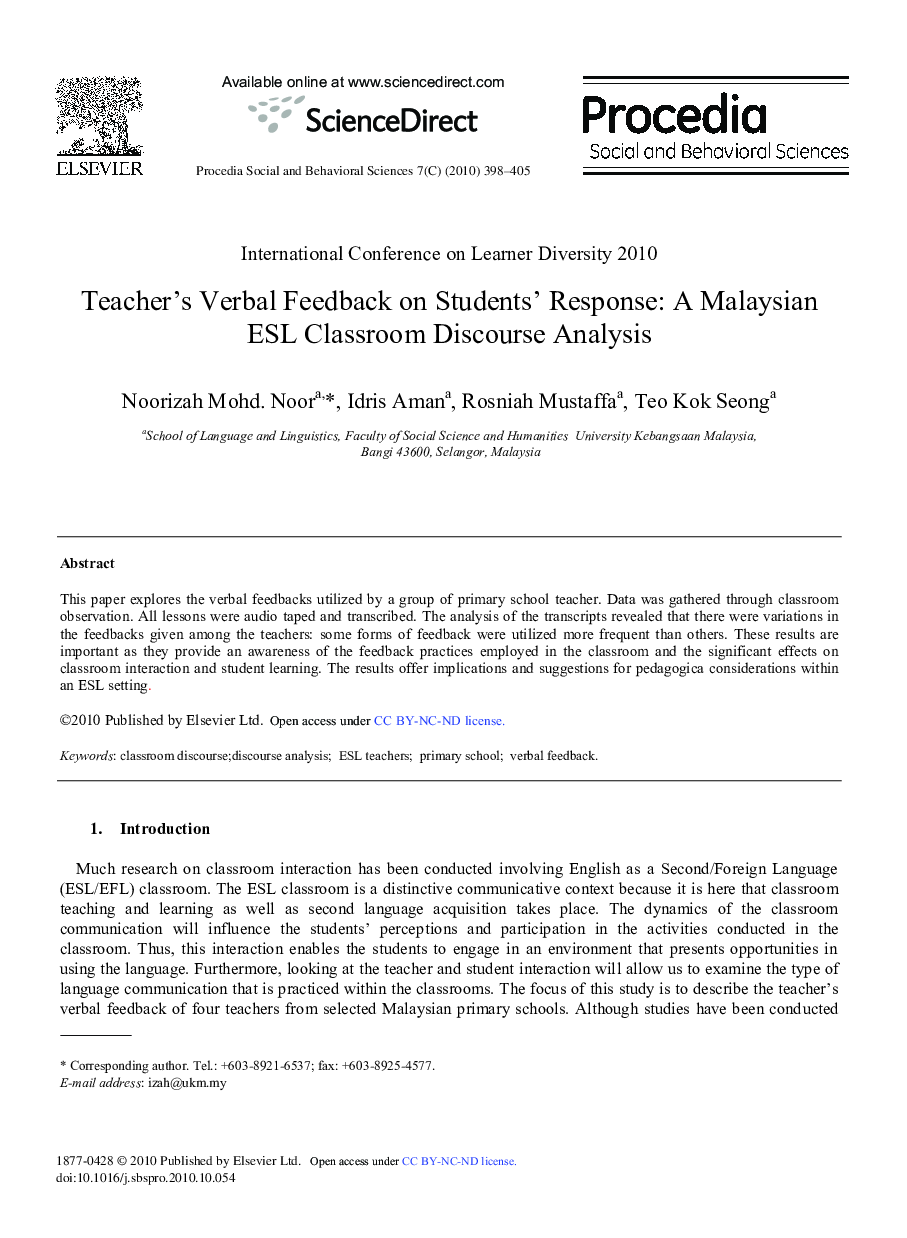 Teacher's Verbal Feedback on Students’ Response: A Malaysian ESL Classroom Discourse Analysis