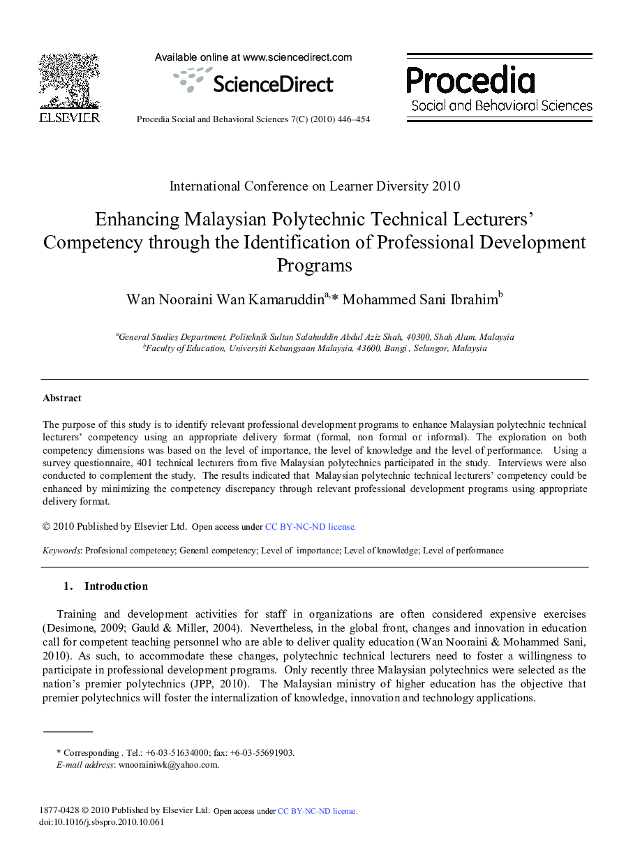 Enhancing Malaysian Polytechnic Technical Lecturers’ Competency through the Identification of Professional Development Programs