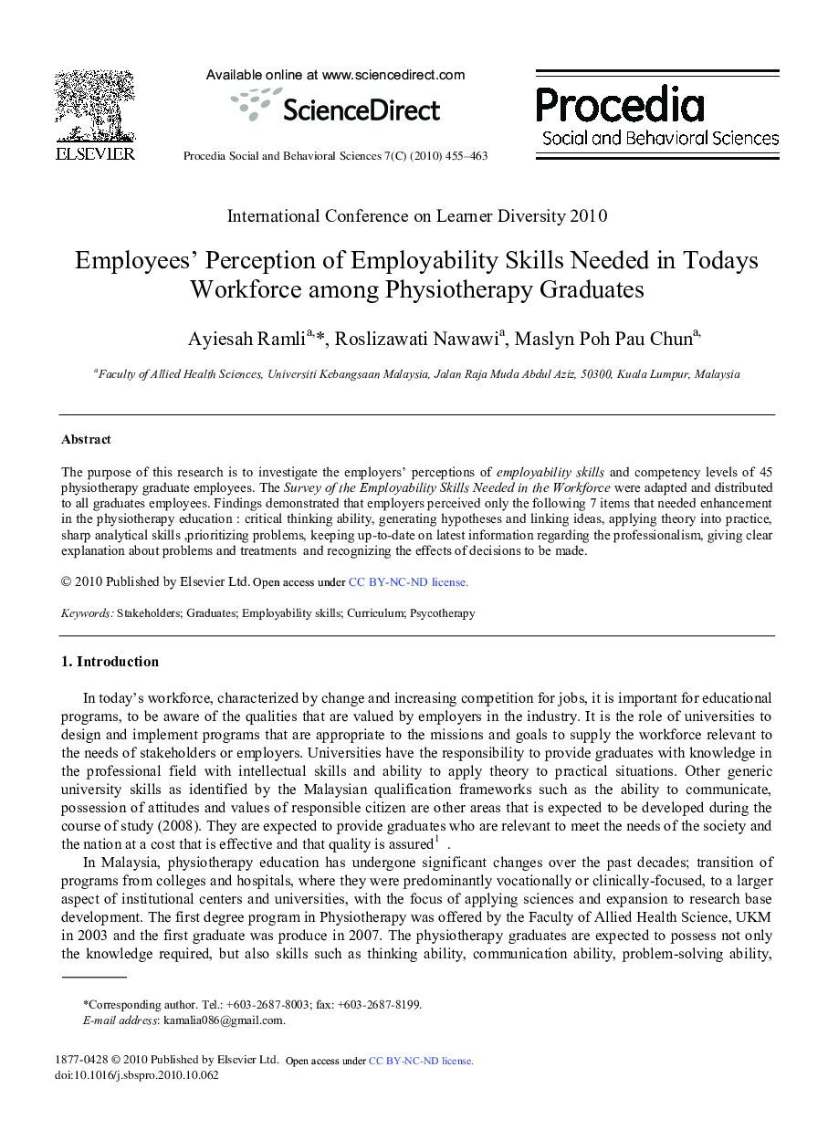 Employees’ Perception of Employability Skills Needed in Todays Workforce among Physiotherapy Graduates