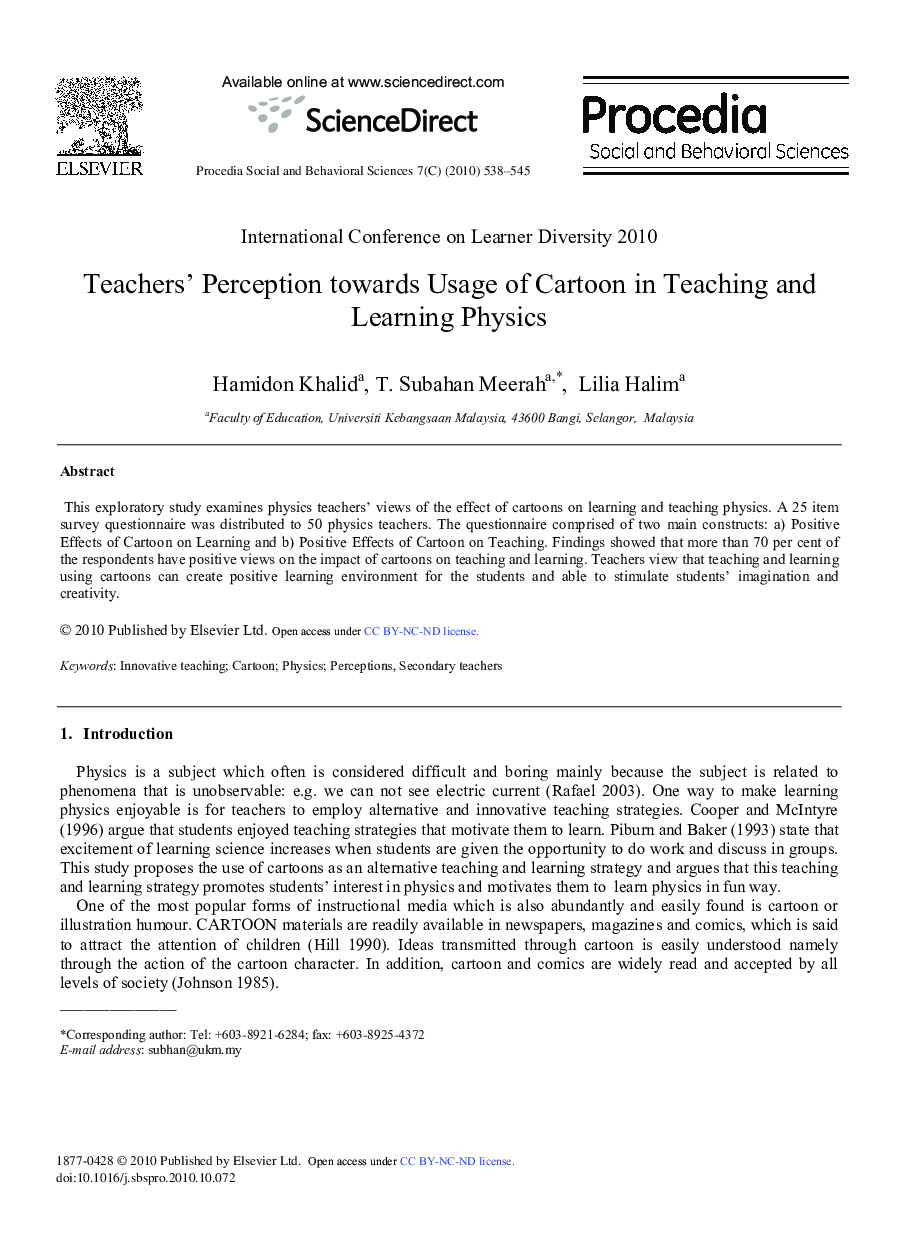 Teachers’ Perception towards Usage of Cartoon in Teaching and Learning Physics