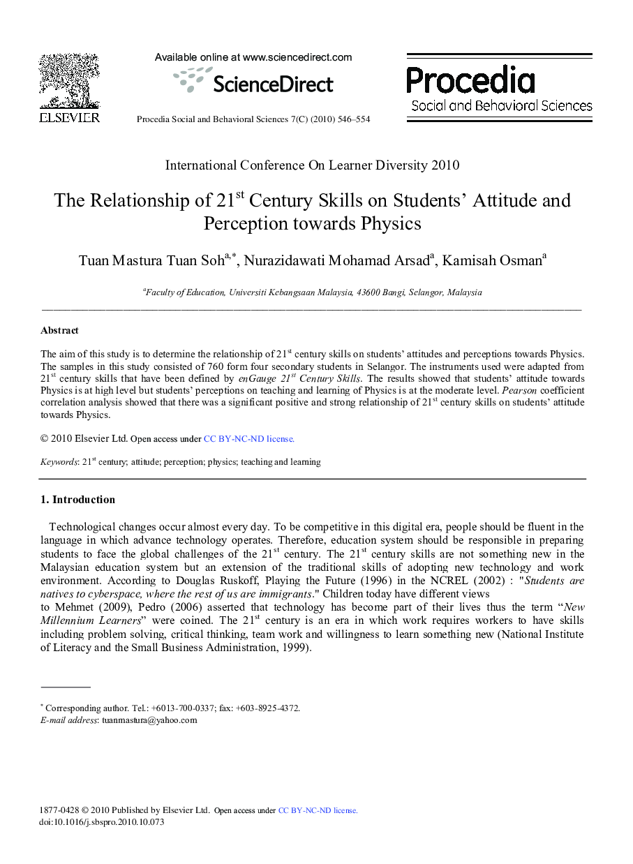 The Relationship of 21st Century Skills on Students’ Attitude and Perception towards Physics