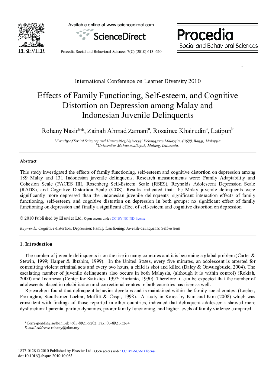 Effects of Family Functioning, Self-esteem, and Cognitive Distortion on Depression among Malay and Indonesian Juvenile Delinquents