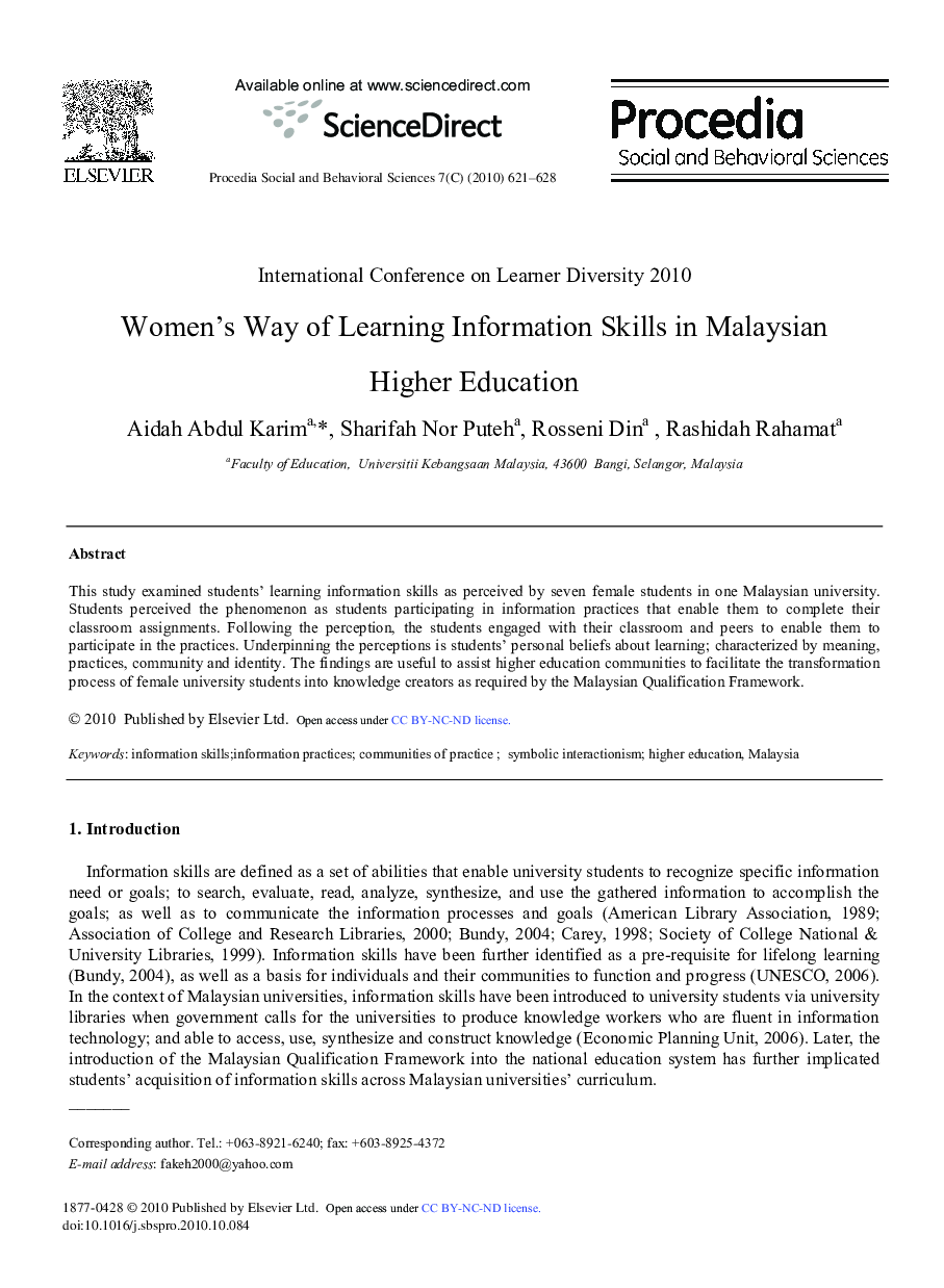 Women's Way of Learning Information Skills in Malaysian Higher Education