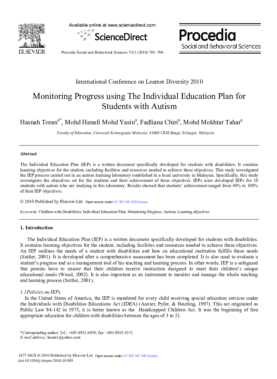 Monitoring Progress using The Individual Education Plan for Students with Autism