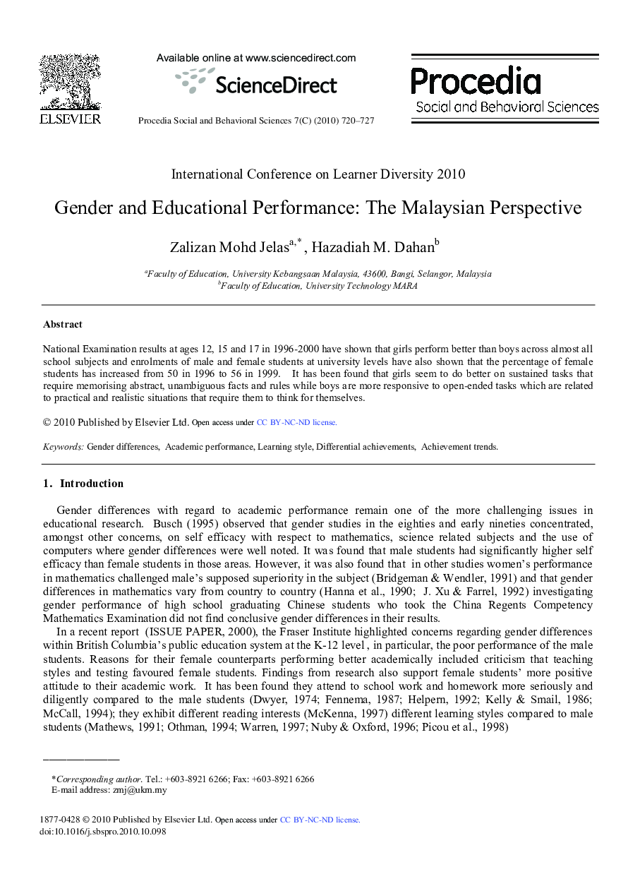 Gender and Educational Performance: The Malaysian Perspective