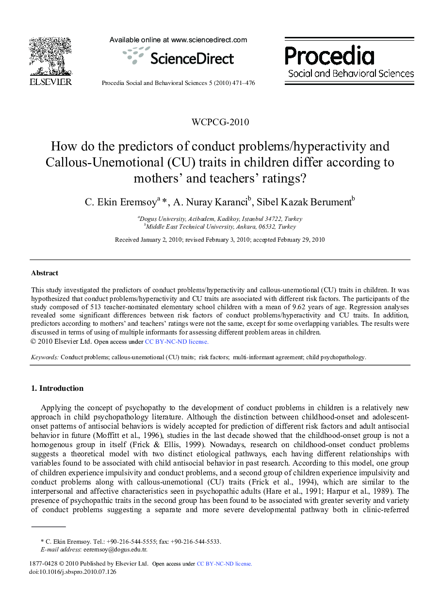 How do the predictors of conduct problems/hyperactivity and Callous-Unemotional (CU) traits in children differ according to mothers’ and teachers’ ratings?