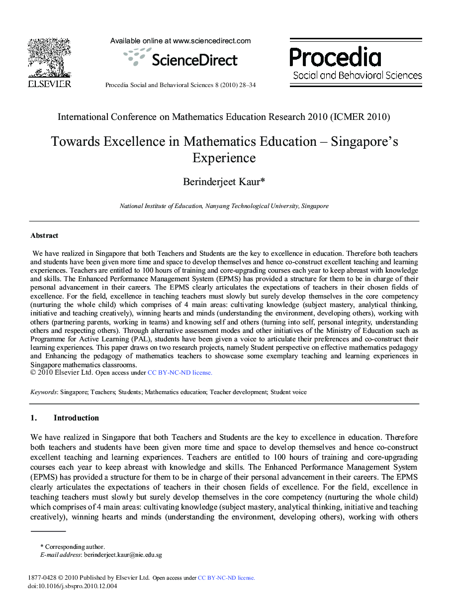 Towards Excellence in Mathematics Education–Singapore's Experience