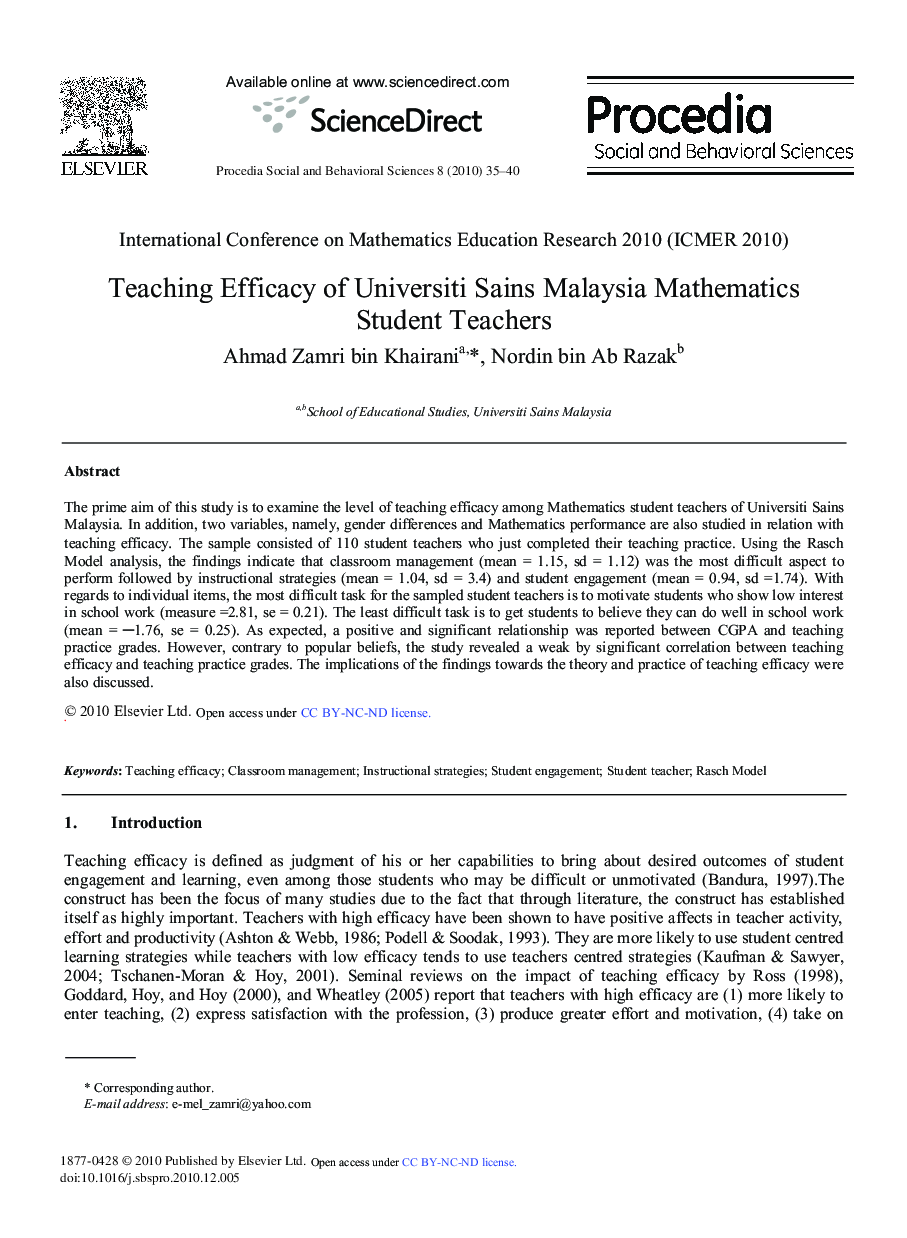 Teaching Efficacy of Universiti Sains Malaysia Mathematics Student Teachers