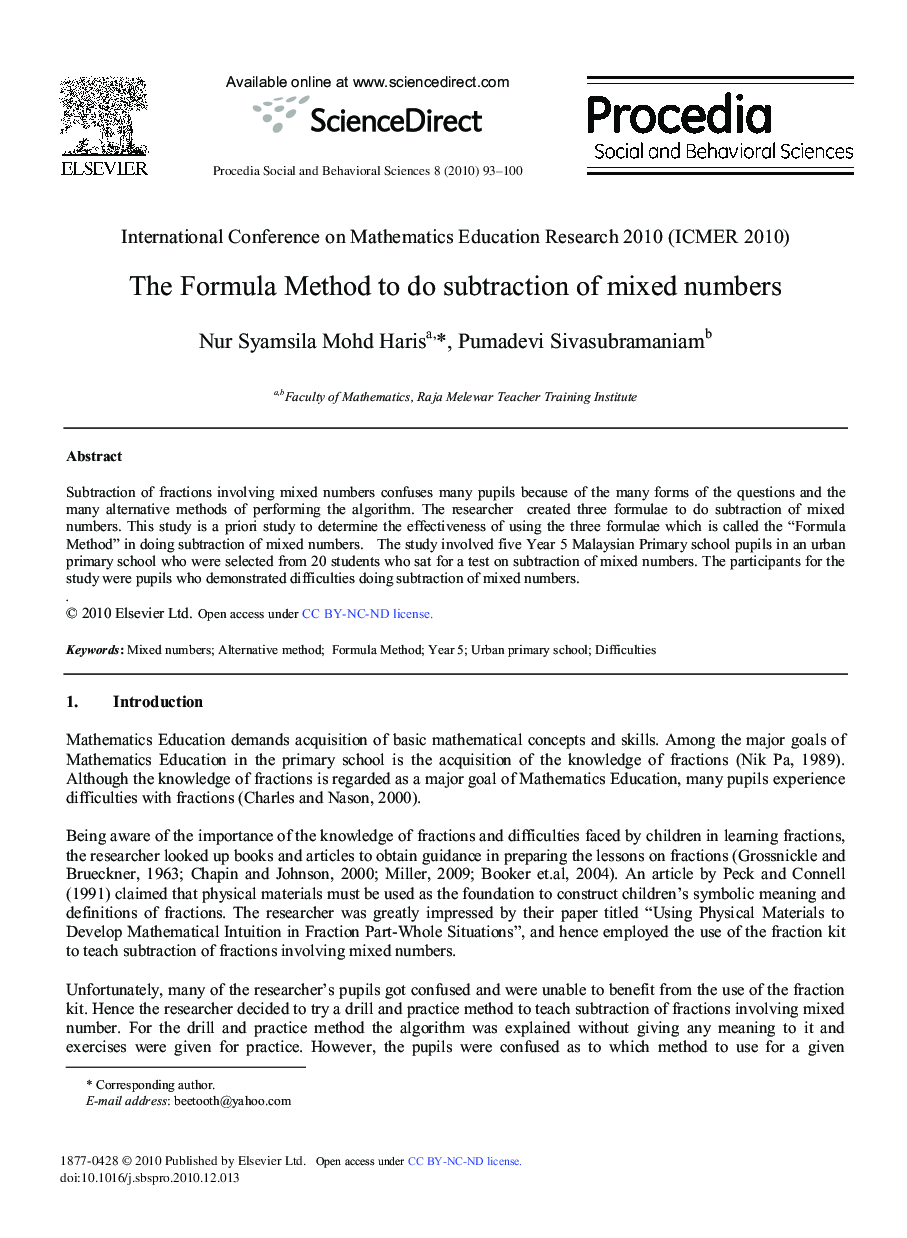 The Formula Method to do subtraction of mixed numbers