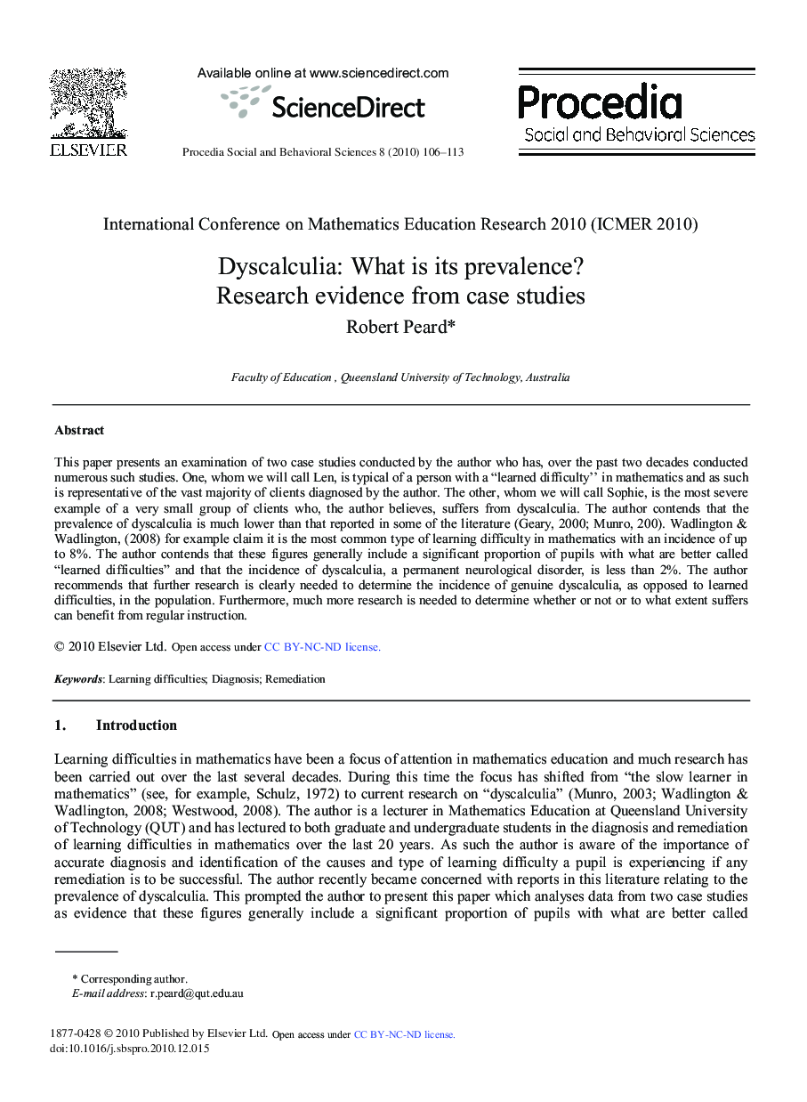 Dyscalculia: What is its prevalence? Research evidence from case studies