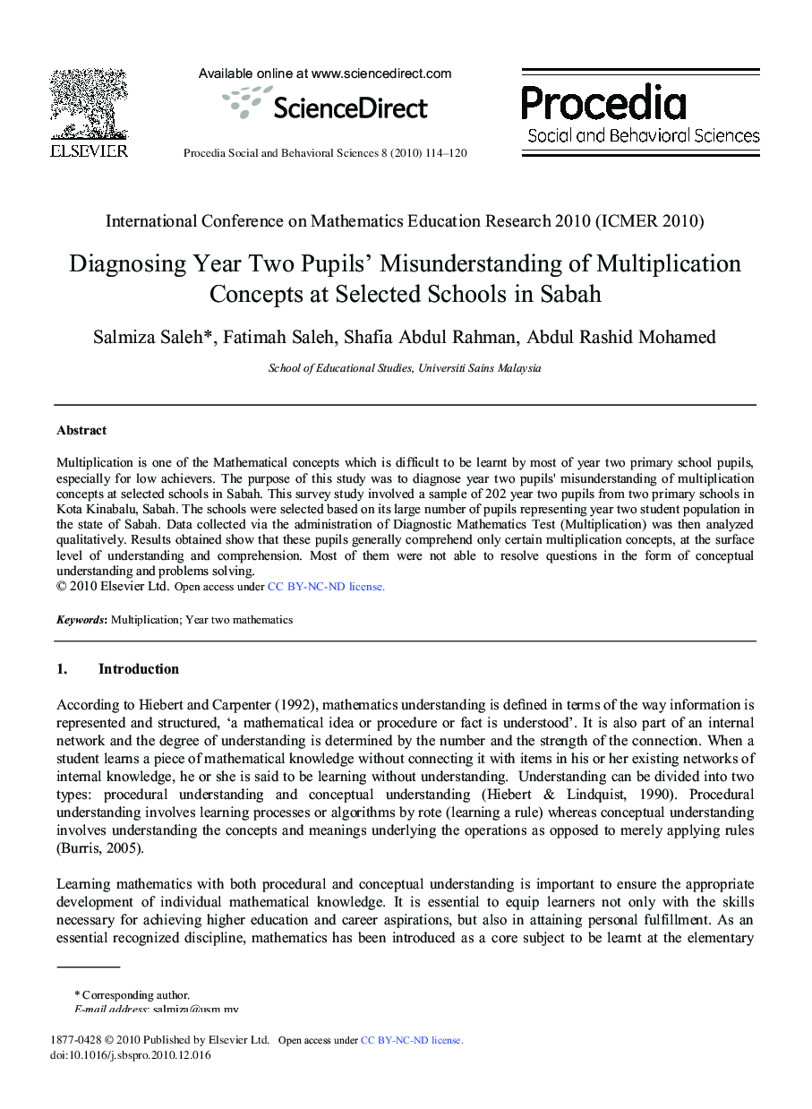 Diagnosing Year Two Pupils’ Misunderstanding of Multiplication Concepts at Selected Schools in Sabah