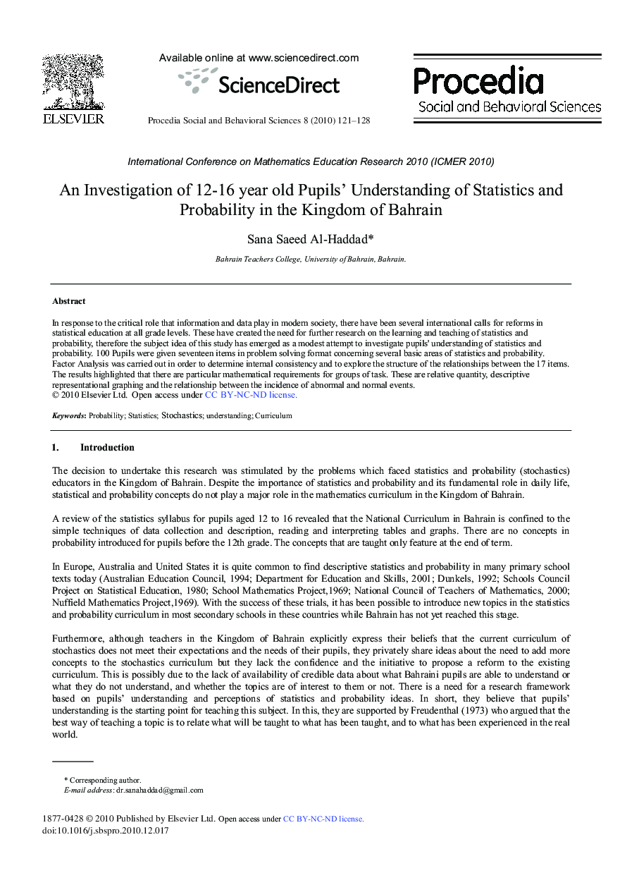 An Investigation of 12–16 year old Pupils’ Understanding of Statistics and Probability in the Kingdom of Bahrain