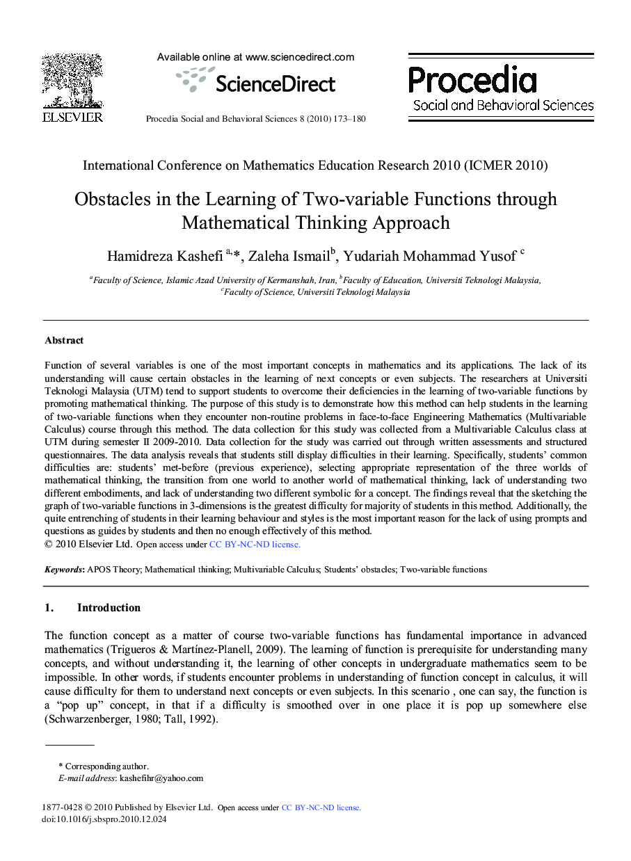 Obstacles in the Learning of Two-variable Functions through Mathematical Thinking Approach