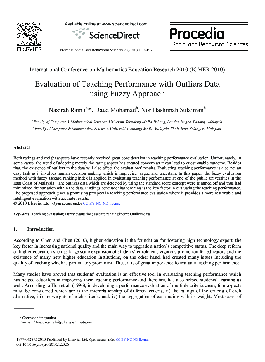 Evaluation of Teaching Performance with Outliers Data using Fuzzy Approach