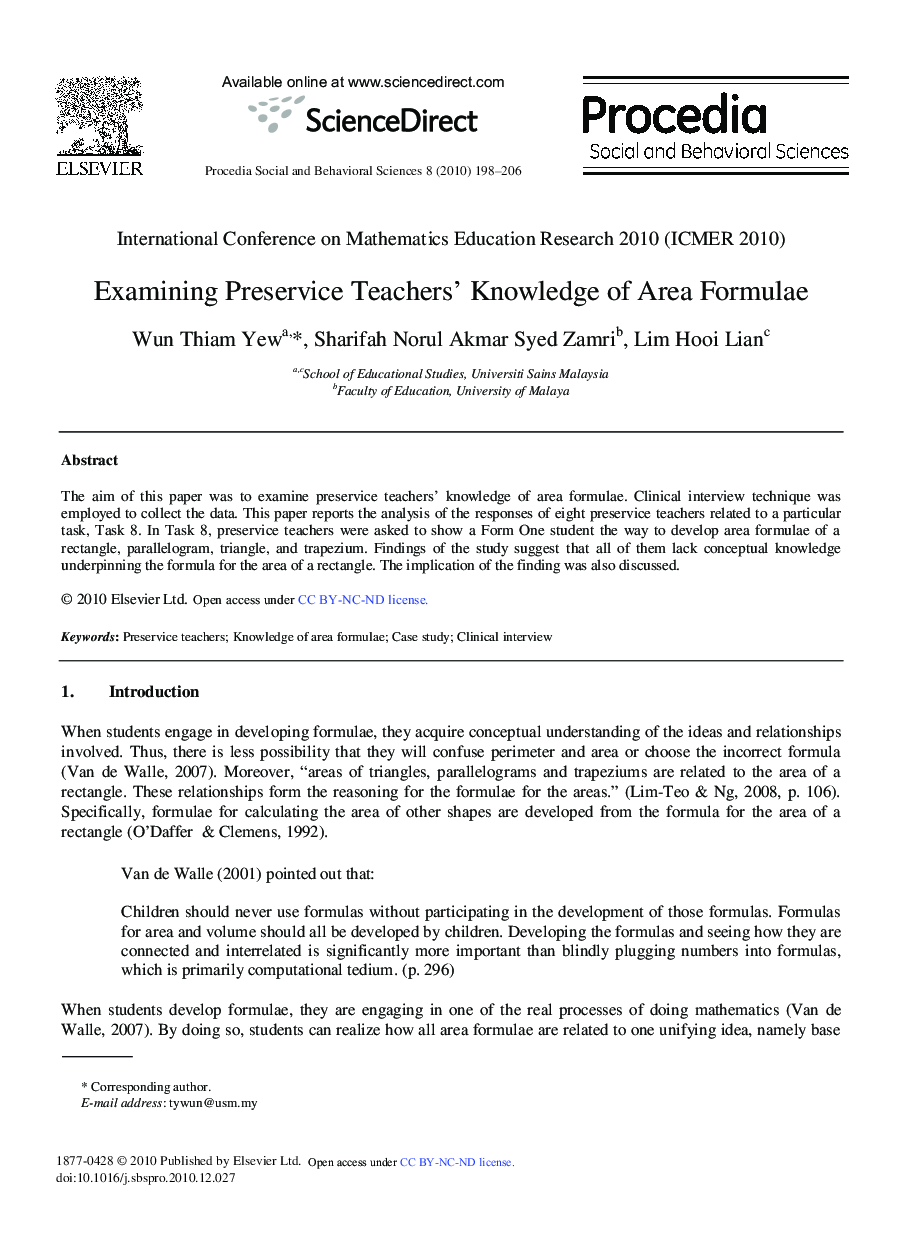 Examining Preservice Teachers’ Knowledge of Area Formulae