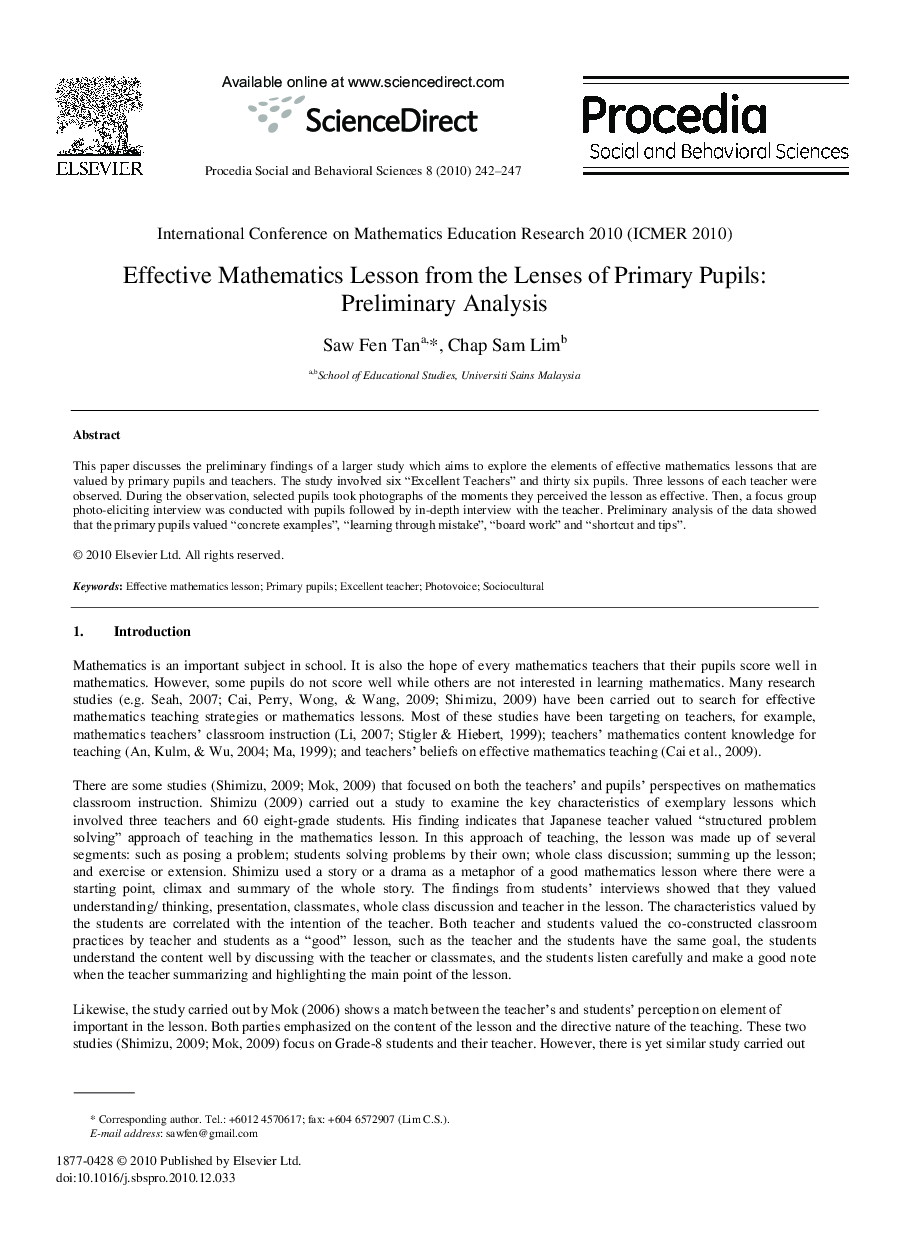 Effective Mathematics Lesson from the Lenses of Primary Pupils: Preliminary Analysis