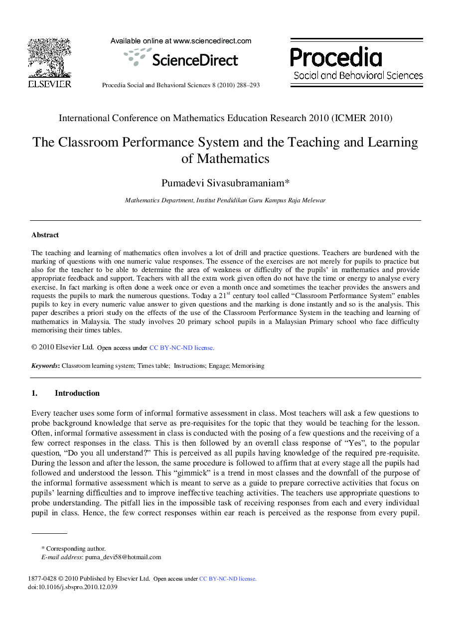 The Classroom Performance System and the Teaching and Learning of Mathematics