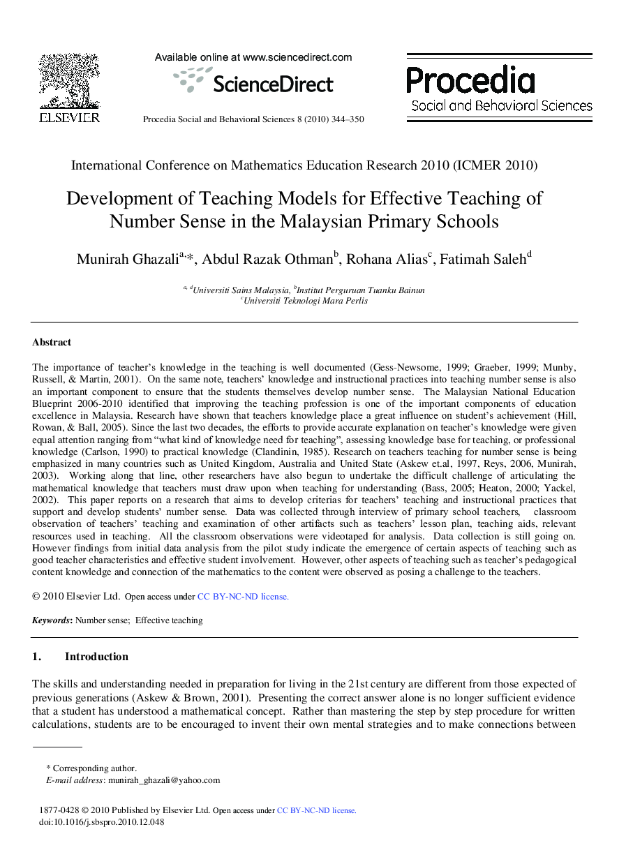 Development of Teaching Models for Effective Teaching of Number Sense in the Malaysian Primary Schools