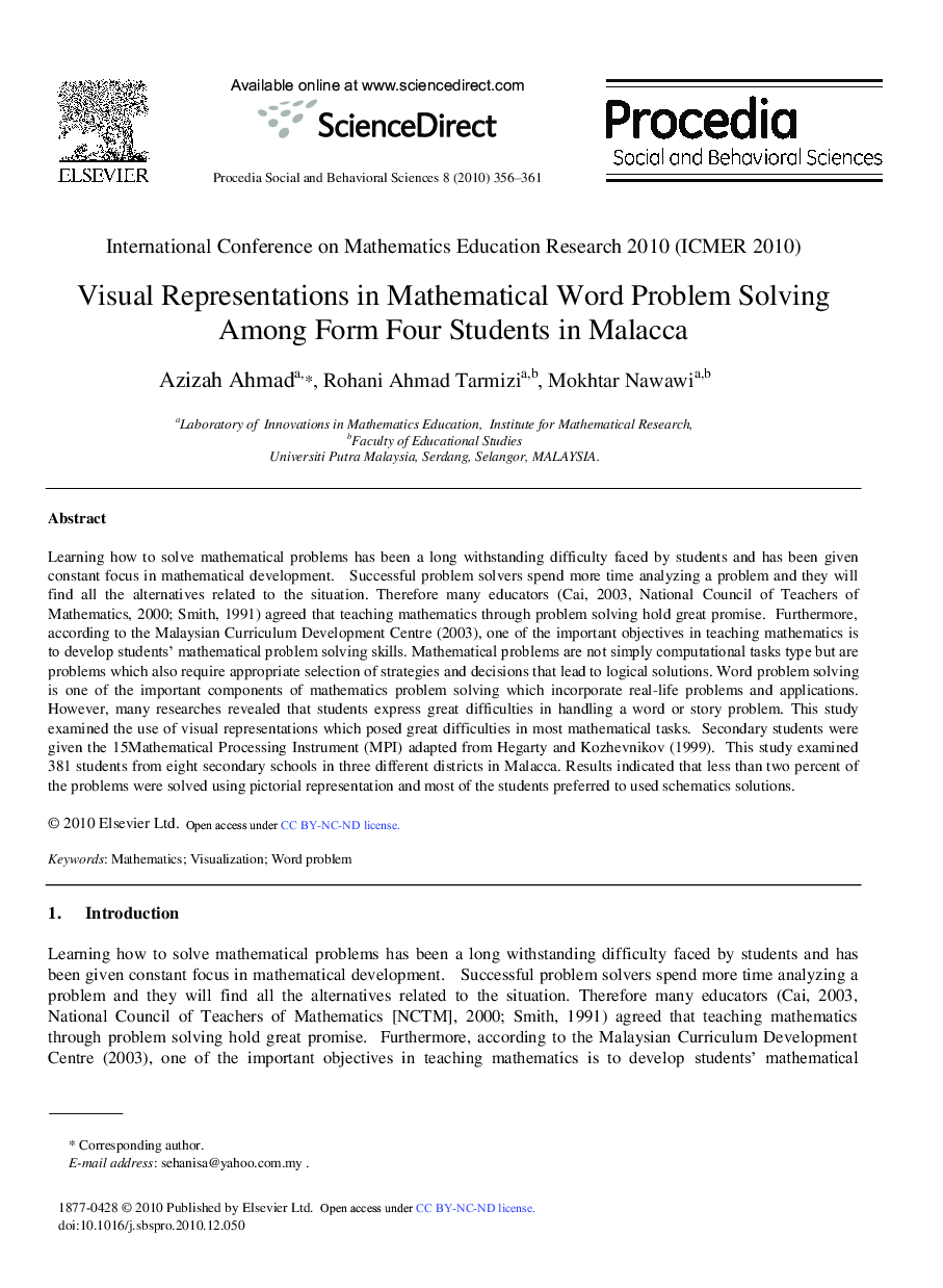 Visual Representations in Mathematical Word Problem Solving Among Form Four Students in Malacca