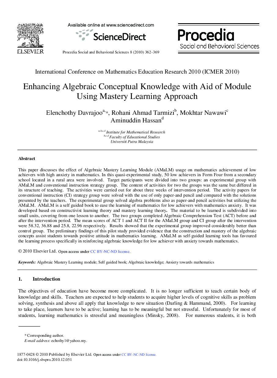 Enhancing Algebraic Conceptual Knowledge with Aid of Module Using Mastery Learning Approach