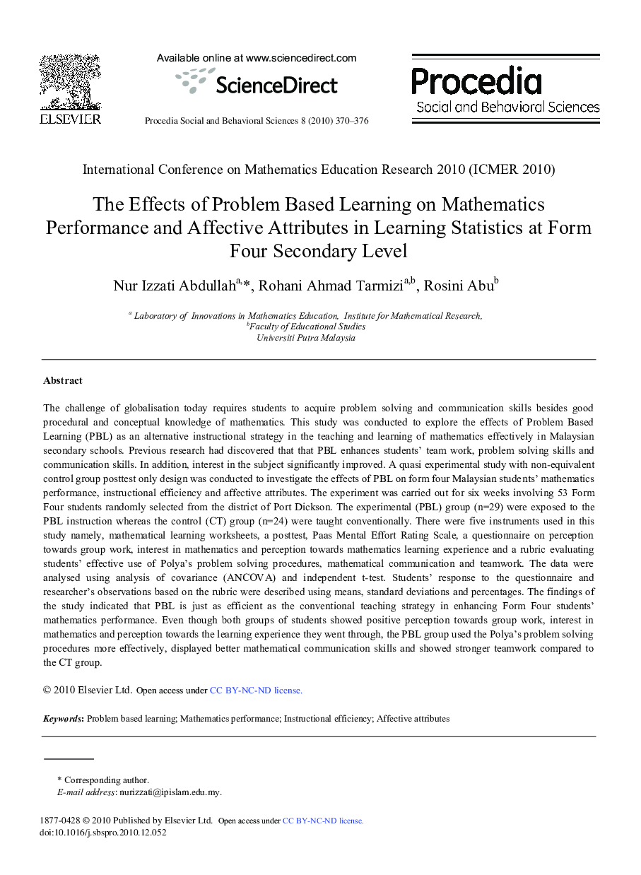 The Effects of Problem Based Learning on Mathematics Performance and Affective Attributes in Learning Statistics at Form Four Secondary Level