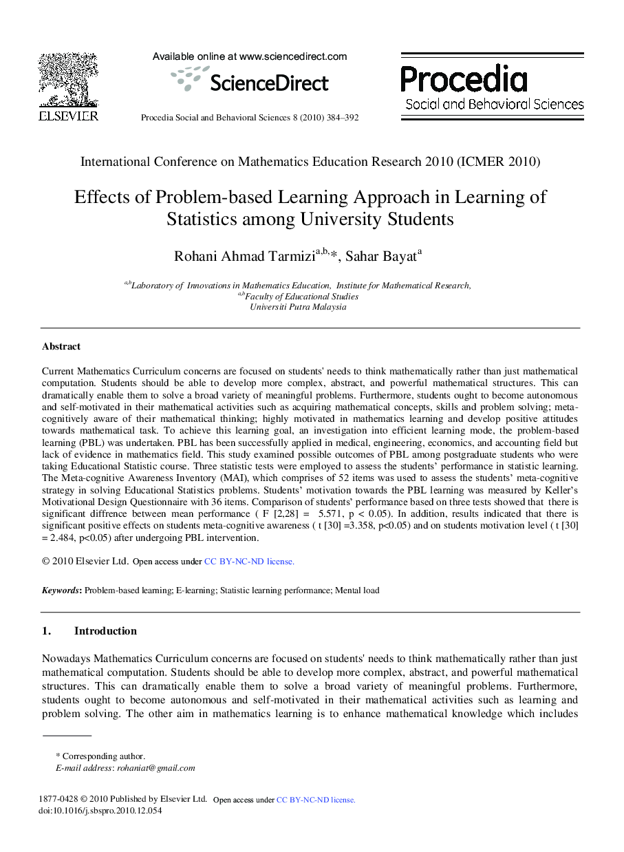 Effects of Problem-based Learning Approach in Learning of Statistics among University Students