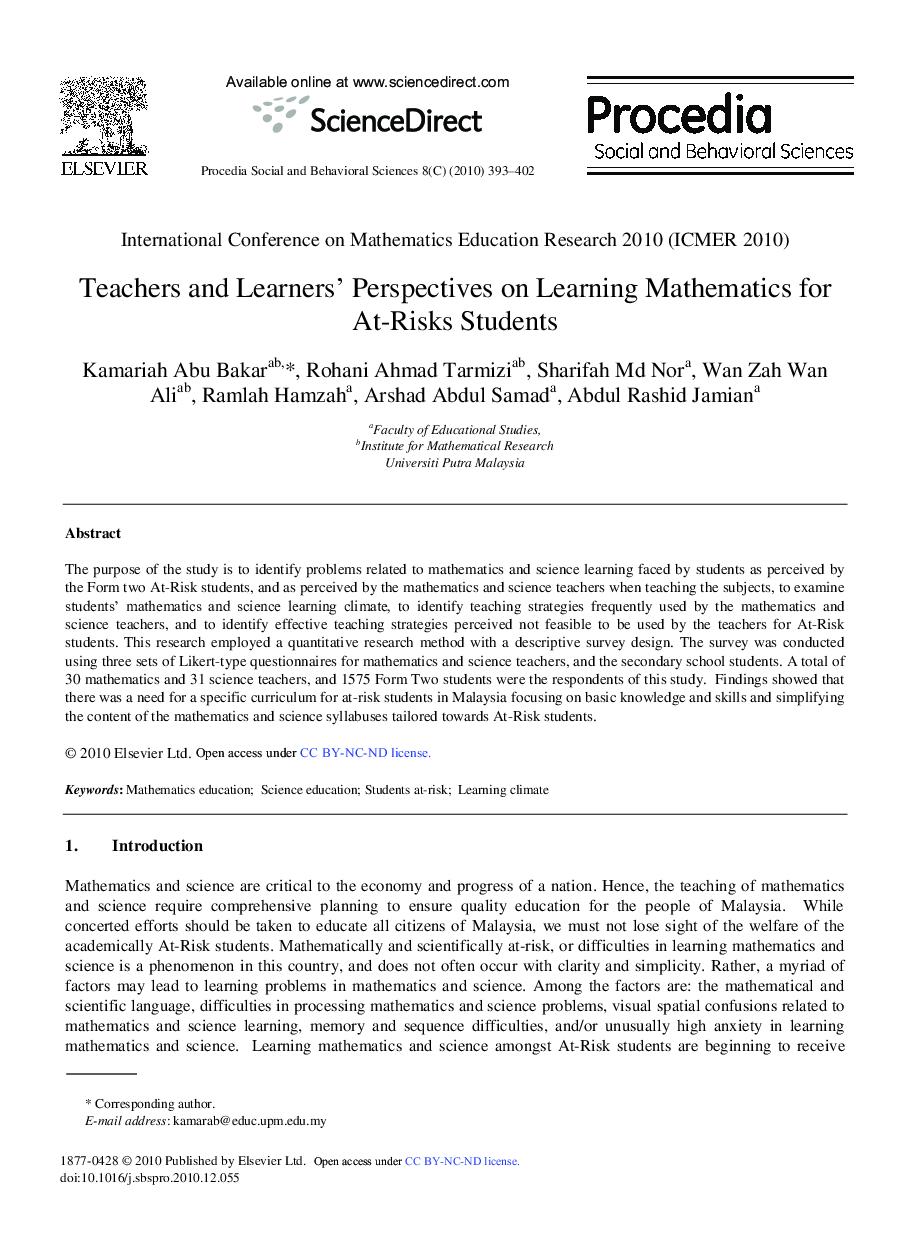 Teachers and Learner's Perspectives on Learning Mathematics for At-Risks Students