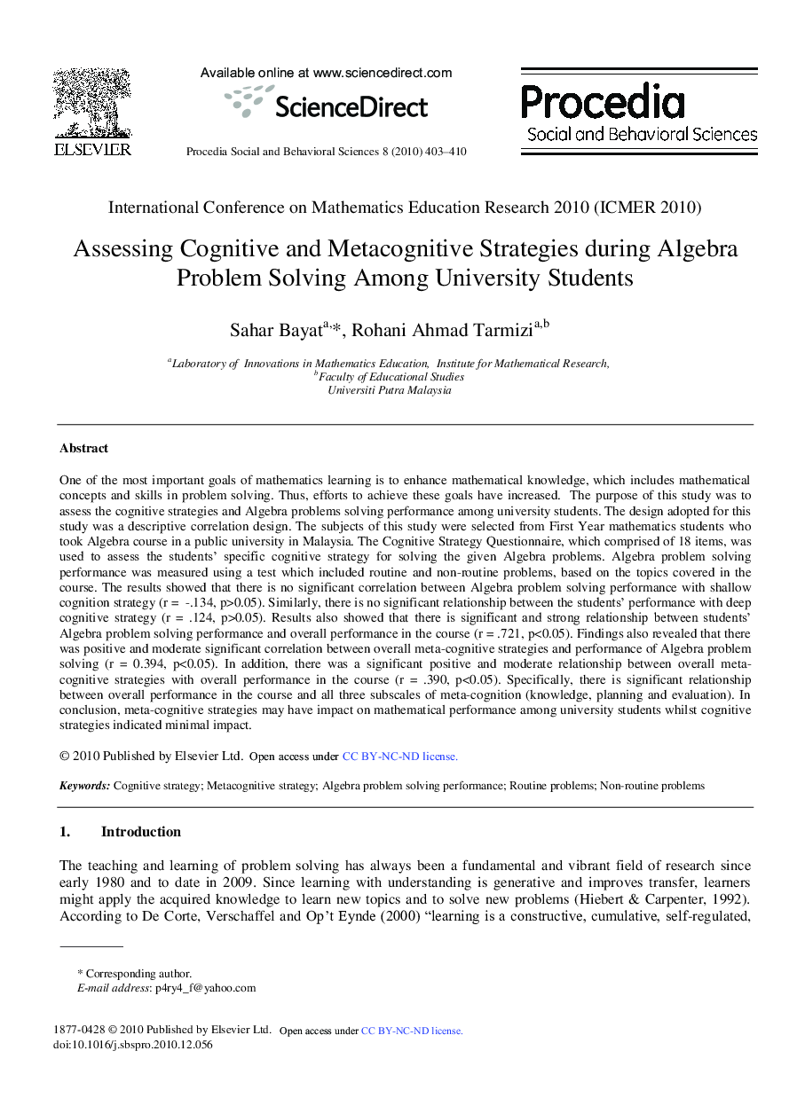 Assessing Cognitive and Metacognitive Strategies during Algebra Problem Solving Among University Students