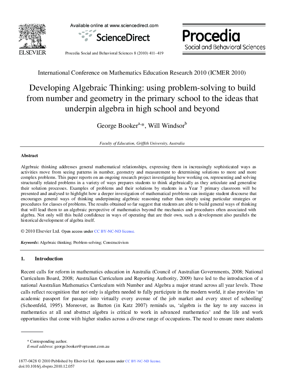 Developing Algebraic Thinking: using problem-solving to build from number and geometry in the primary school to the ideas that underpin algebra in high school and beyond