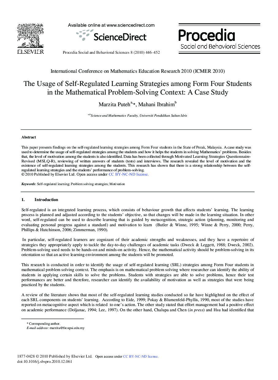 The Usage of Self-Regulated Learning Strategies among Form Four Students in the Mathematical Problem-Solving Context: A Case Study