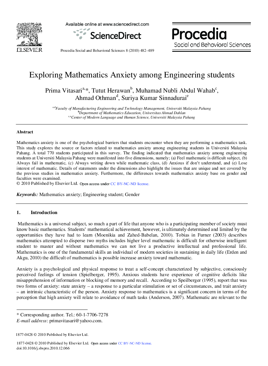 Exploring Mathematics Anxiety among Engineering students