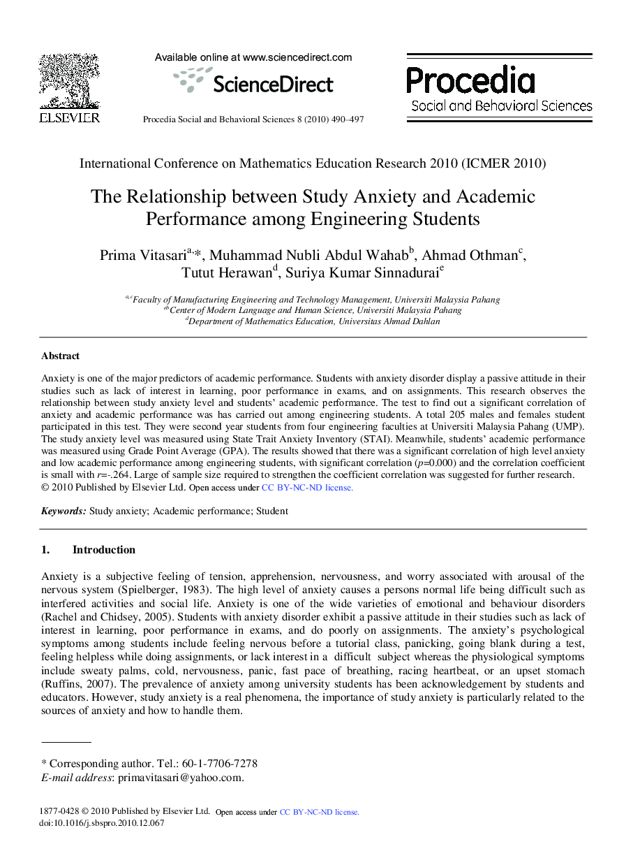 The Relationship between Study Anxiety and Academic Performance among Engineering Students