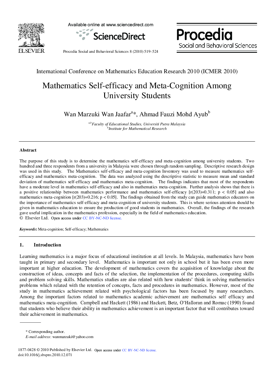 Mathematics Self-efficacy and Meta-Cognition Among University Students