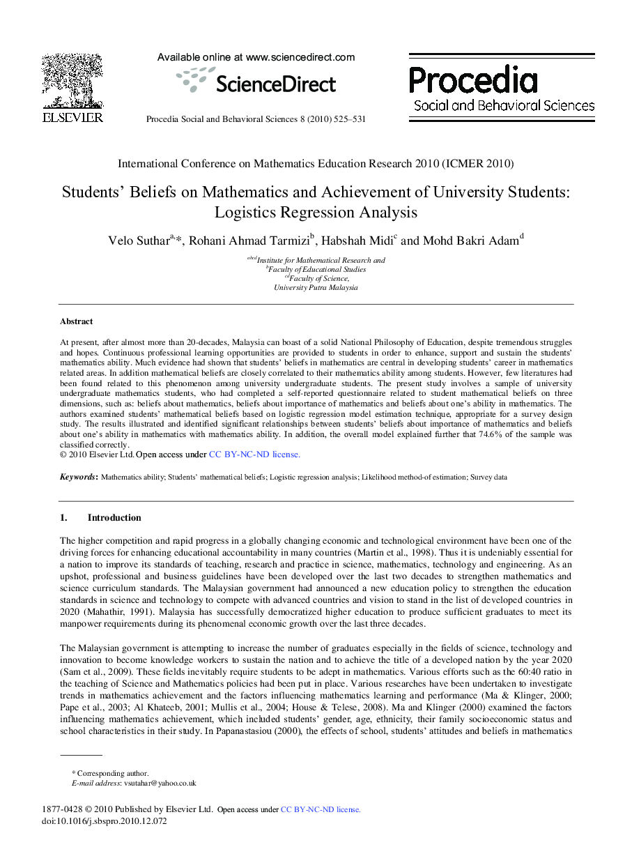 Students’ Beliefs on Mathematics and Achievement of University Students: Logistics Regression Analysis