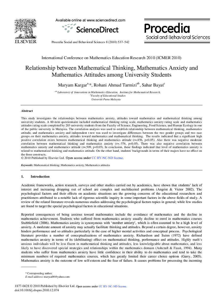 Relationship between Mathematical Thinking, Mathematics Anxiety and Mathematics Attitudes among University Students